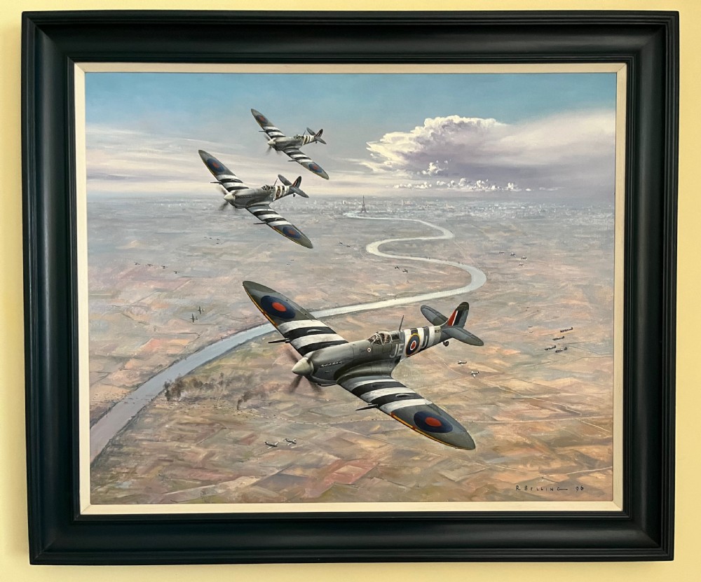 oil on canvas spitfires over paris late 1944 by ron belling